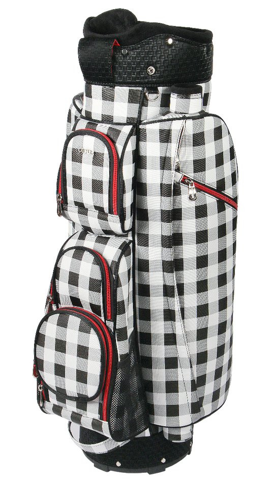 Black and white checkered golf bag with red accents on a white background